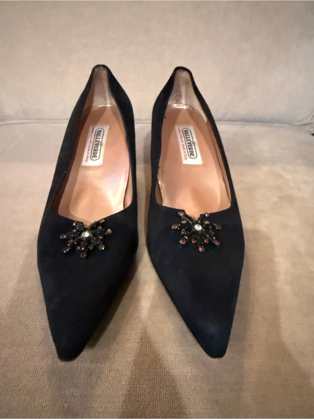 Valle Verde Italian Black Suede Embellished Kitten Heel Pumps - Women